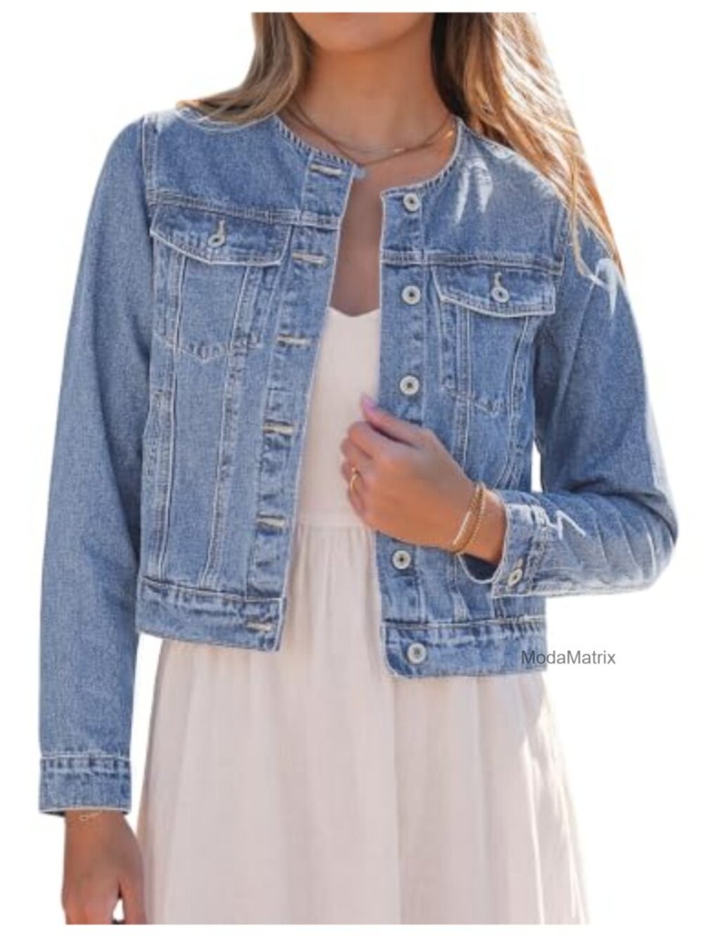 Collarless Button Down Long Sleeve Denim Jean Jacket Casual Western